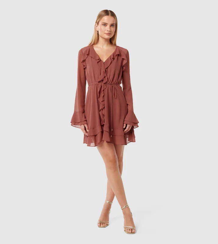 فورايفر نيو PIPER Ruffle Detail Long Sleeves Mini Dress